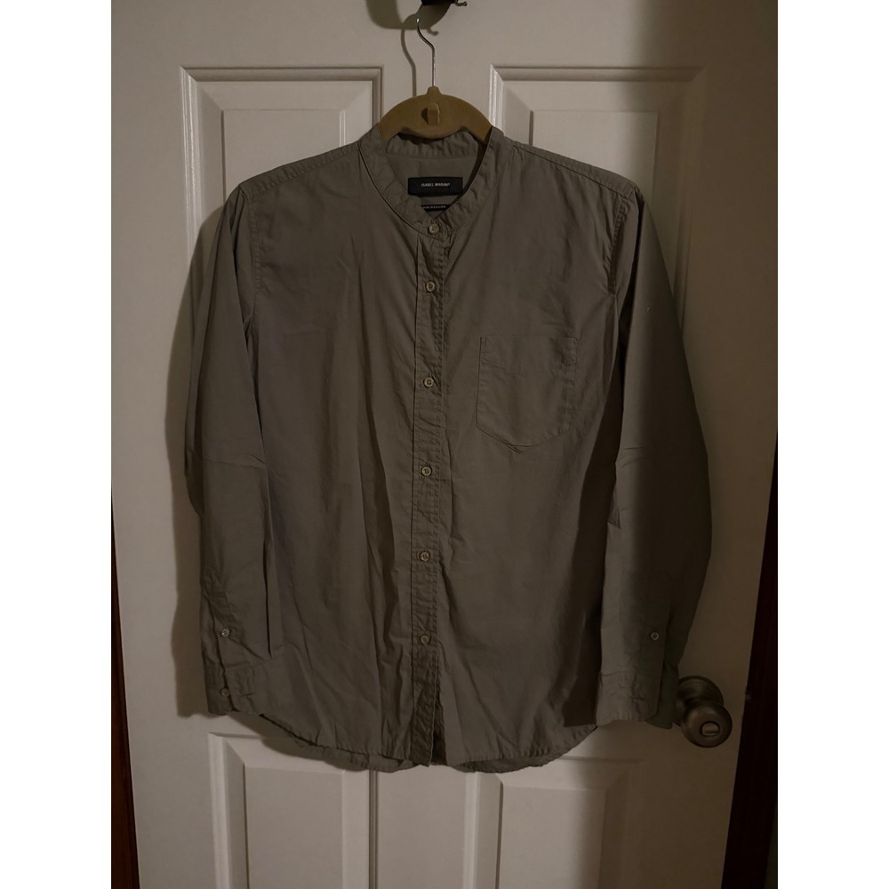Isabel Marant Etoile Band Collar Button Down Shirt Olive Taupe Cotton Poplin 38